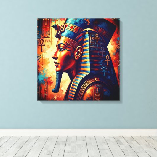 Levendig Egyptisch Farao Portret met Hiërogliefen Canvas Afdruk (Insitu (Houten vloer))