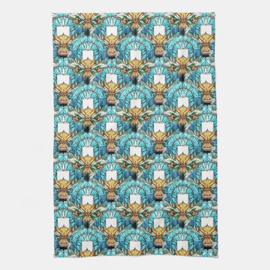 Levendig Glas in lood Holly en Kaarspatroon Theedoek (Verticaal)