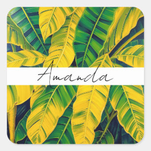 Levendig groen & geel bananenblad patroon vierkante sticker