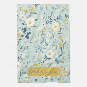 Levendig groen geel blauw witte bloemen theedoek