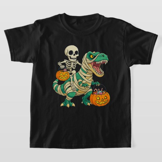 Levendig Halloween Skelet en T-Rex Snoep Bucket T-shirt (Laagn)