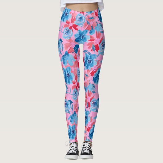 Levendig handgeschilderd bloemontwerp rood blauw leggings (Voorkant)