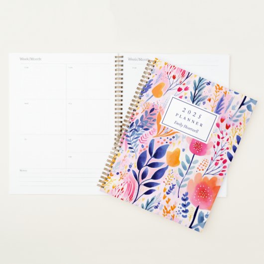 Levendig handgeschilderd botanisch blauw monogram planner (Display)