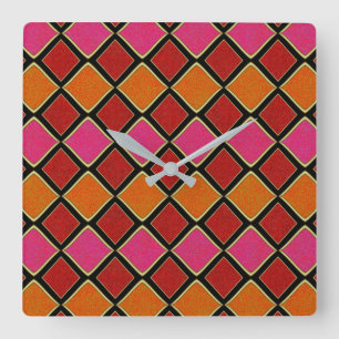 Levendig Harlekijn-diamantpatroon in rood, oranje, Vierkante Klok