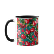 Levendig kersen- en bloempatroon op Blauwgroen ach