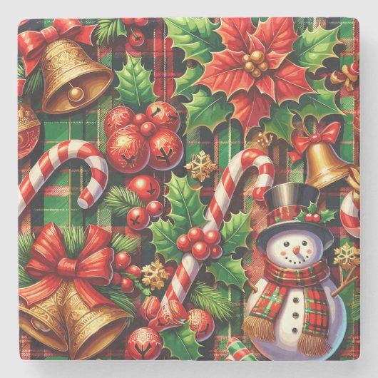 Levendig kerst geruite stenen Onderzetter (Voorkant)