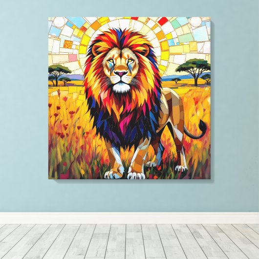 Levendig kleurrijk leeuwenmozaïek canvas afdruk (Insitu (Houten vloer))