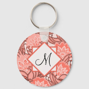 Levendig koraal bloempatroon monogram sleutelhanger