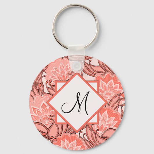 Levendig koraal bloempatroon monogram sleutelhanger (Voorkant)