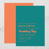 Levendig Koraal en Blauwgroen Retro Typografie Wed Kaart (Voorkant / Achterkant)