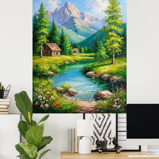 Levendig landschap met bergen, rivierlandschap poster (Thuiskantoor)