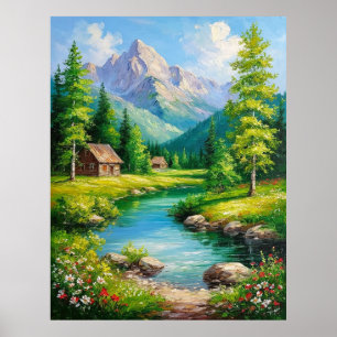Levendig landschap met bergen, rivierlandschap poster