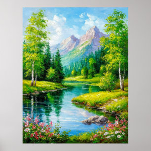 Levendig landschap met bergen, rivierlandschap poster
