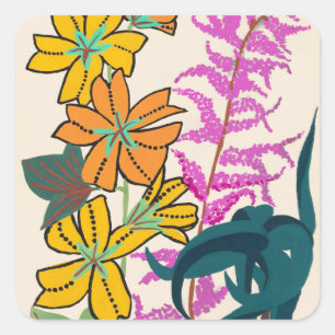 Levendig Magenta & Oranje Art Deco Bloem Kunst Vierkante Sticker