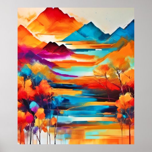 Levendig Mountain Sunset schilderij Poster (Voorkant)