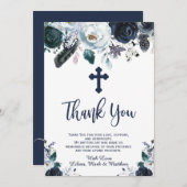 Levendig Navy Blue Floral Baptisme Dank je kaarten (Voorkant / Achterkant)