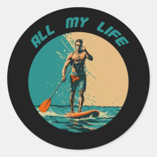 Levendig ontwerp met man op sup paddle board ronde sticker