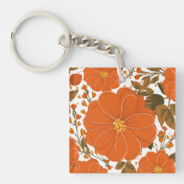 Levendig Oranje bloemmotief met bladeren Sleutelhanger