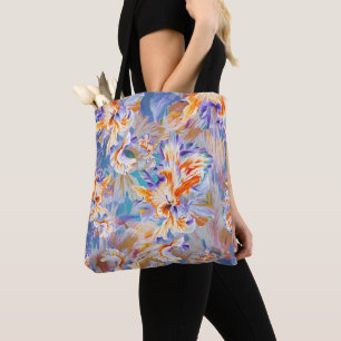 Levendig Oranje en Blauw Abstract Bloemmotief Draagtas