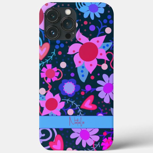 Levendig Paarse Zwart Modern Floral Gepersonalisee Case-Mate iPhone Case (Achterkant)