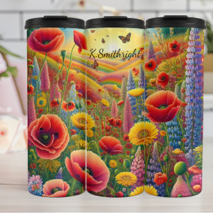 Levendig papaver lupine regenboogveld thermosbeker