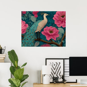 Levendig pauw en roze bloemenpatroon poster