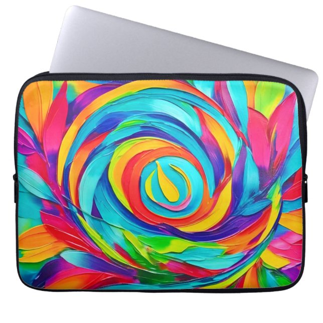 Levendig psychedelisch bloemenspiraalschilderij laptop sleeve (Voorkant)