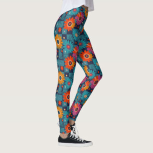 Levendig Retro Bloemenpatroon met Blauwgroen Vierk Leggings