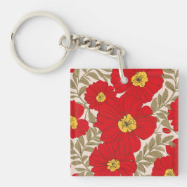 Levendig Rood Bloempatroon met Olijfgroene Bladere Sleutelhanger