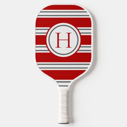 Levendig Rood & Grijs Modern Gestreepte Monogram Pickleball Paddle (Voorkant)