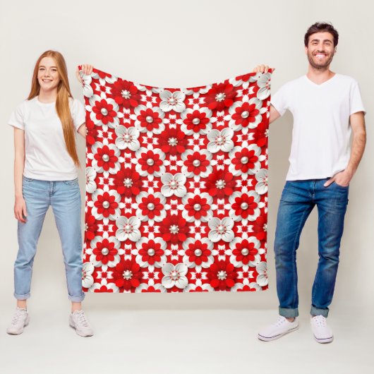 Levendig rood-wit bloempatroon met parel fleece deken (In situ)