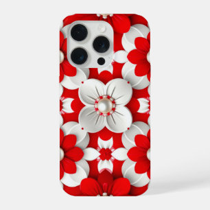 Levendig rood-wit bloempatroon met parel iPhone 15 pro hoesje