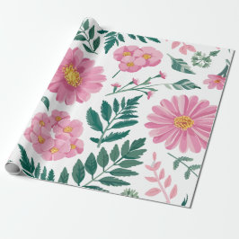 Levendig Roze Bloemen Patroon Met Weelderig Groen Cadeaupapier