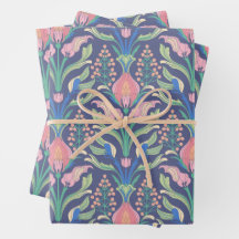 Levendig roze groen blauw Art Nouveau Bloemen