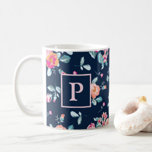 Levendig Roze Rozen Bloempatroon Monogram Koffiemok
