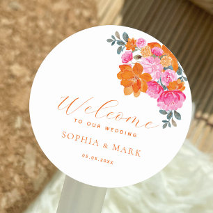 Levendig Roze Sinaasappel Bloemen Zomer Huwelijk W Ronde Sticker