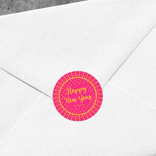 Levendig roze Starburst Script Gelukkig Nieuwjaar Ronde Sticker