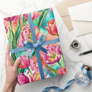 Levendig Roze Tulp Aquarel Inpakpapier