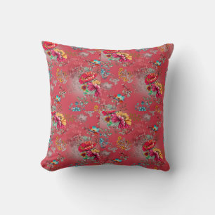 Levendig Roze Vintage Bloemmotief Sherpa Deken Kussen