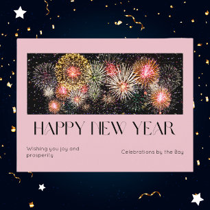 Levendig roze vuurwerk Happy New Year Celebration Feestdagenkaart
