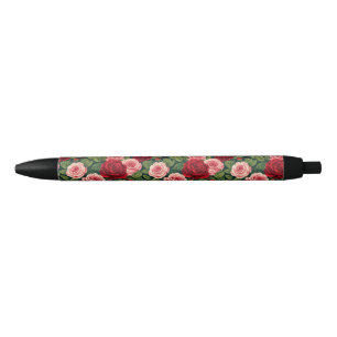 Levendig Rozenpatroon Met Rode En Roze Rozen Zwarte Inkt Pen