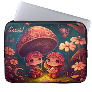 Levendig schattige elven spelen onder paddenstoele laptop sleeve