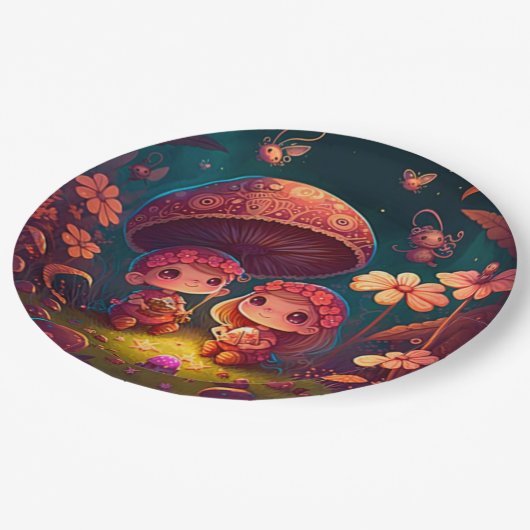 Levendig schattige elven spelen onder paddenstoele papieren bordje (Gekanteld)