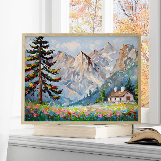 Levendig schilderij Mountain Wildflower Cabin Art Poster