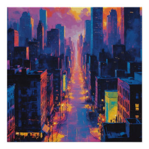 Levendig stadsbeeld bij Sunset Neon Lights Digital Perfect Poster