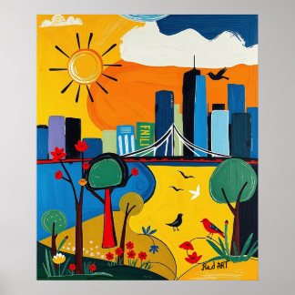 Levendig stadsbeeld dat stad en Natuur combineert Poster