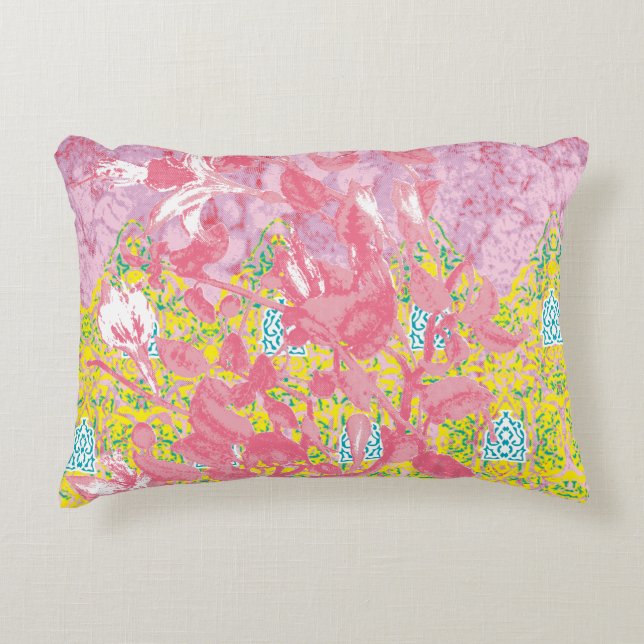 Levendig stofpatroon met roze, geel en accent kussen (Voorkant)