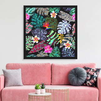Levendig Tropisch Bladeren en Bloemen Patroon Canvas Afdruk