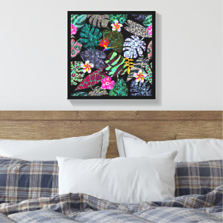 Levendig Tropisch Bladeren en Bloemen Patroon Canvas Afdruk