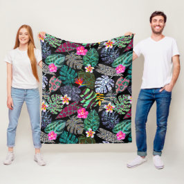 Levendig Tropisch Bladeren en Bloemen Patroon Fleece Deken